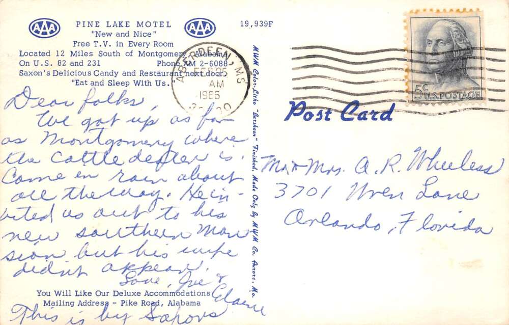 Montgomery Alabama Pine Lake Motel Saxons Candy Vintage Postcard AA106669 - Image 2