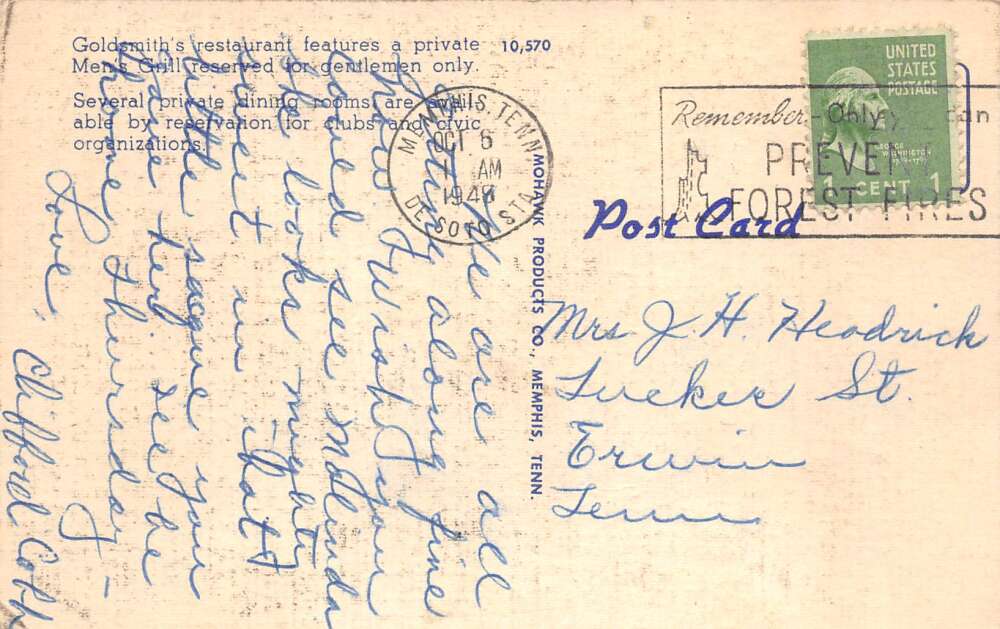 Memphis Tennessee Goldsmiths Restaurant Gentlemens Grill Postcard AA106693 - Image 2
