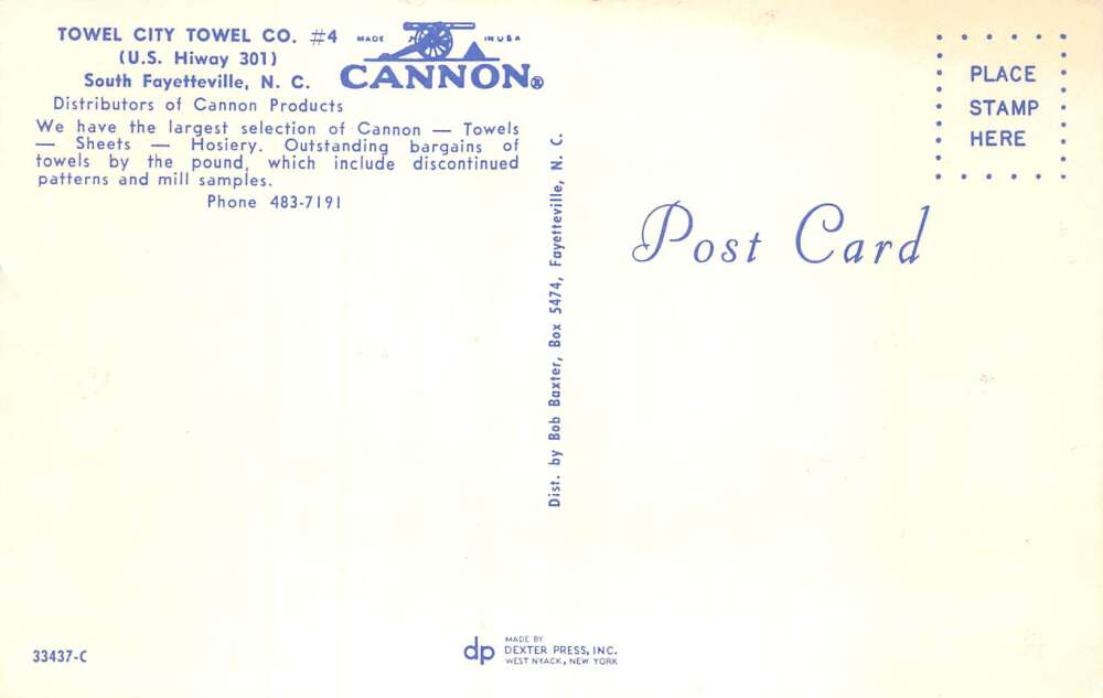 South Fayetteville North Carolina Towel City Cannon Store Postcard AA107107 - Image 2