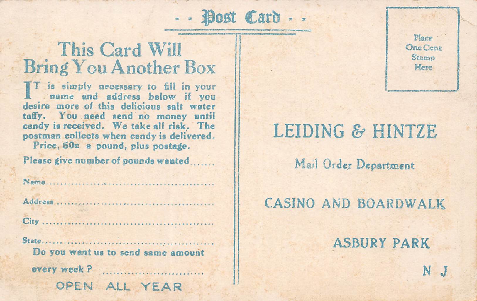Asbury Park New Jersey Casino Shoppe, Salt Water Taffy Ad On Back,White Border PC U12897 - Image 2