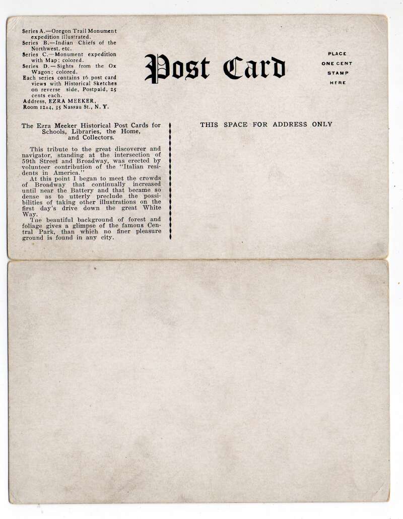 New York City Columbus Circle Ezra Meeker Oregon Trail Bi-Fold Postcard AA74367 - Image 2