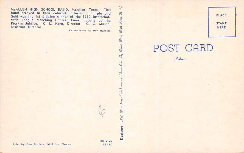 McAllen Texas McAllen High School Band, Photochrome Vintage Postcard U12984 - Image 2