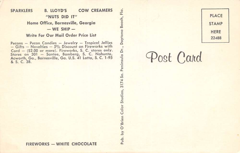 Barnesville Georgia B. Lloyd's Fireworks & Pecan Products Vintage PC U15559 - Image 2