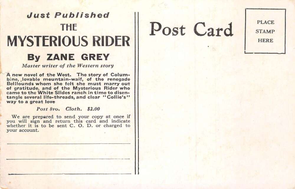 The Mysterious Rider by Zane Grey Western Novel Book Advertising PC AA77812 - Image 2