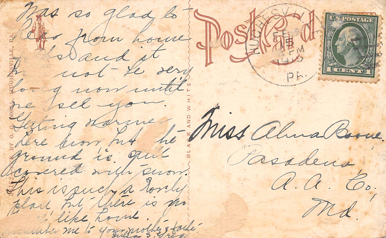 Hughesville Pennsylvania The Reservoir, B/W Lithograph Vintage Postcard U15634 - Image 2