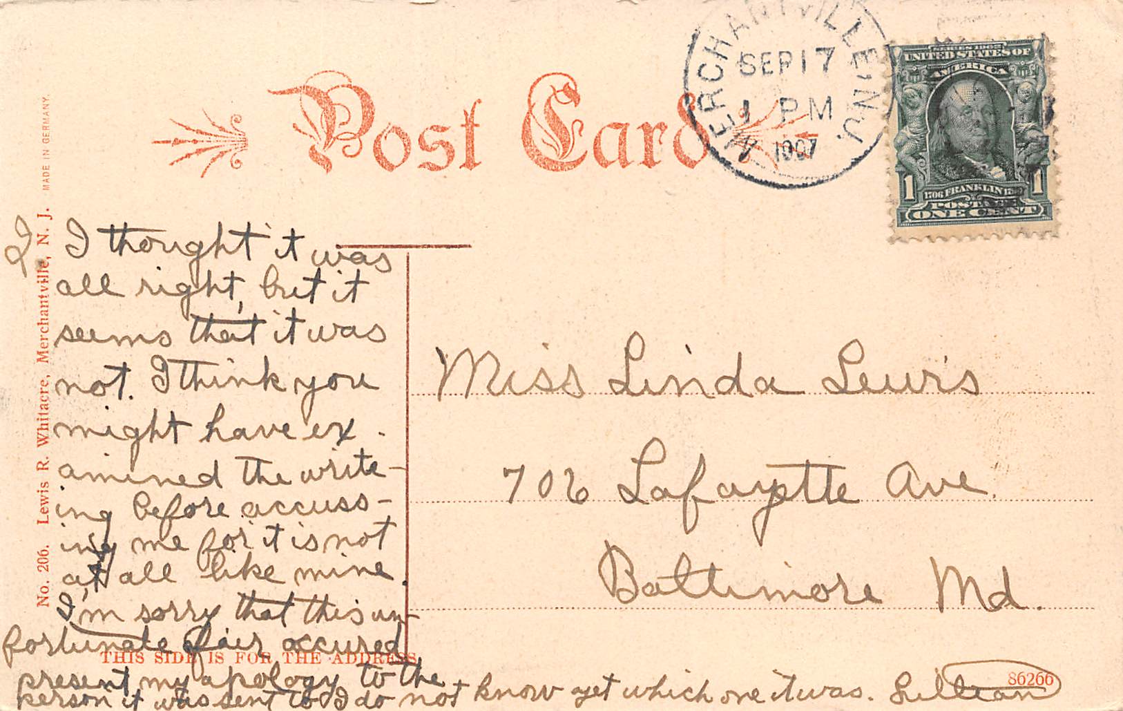 Merchantville New Jersey East Maple Avenue, B/W Lithograph Vintage PC U15692 - Image 2