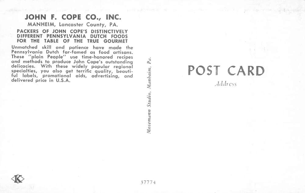 Manheim Pennsylvania John F Cope Co Dutch Foods Advertising Postcard AA78170 - Image 2