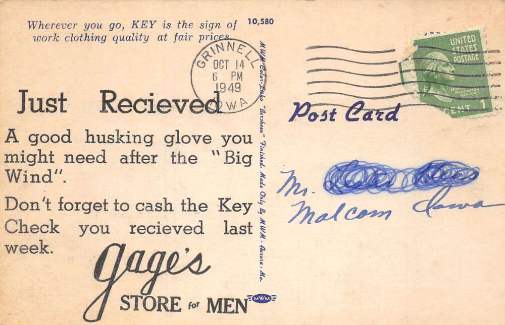 Grinnell Iowa Gages Store for Men Key Work Clothes Adv Postcard AA78221 - Image 2
