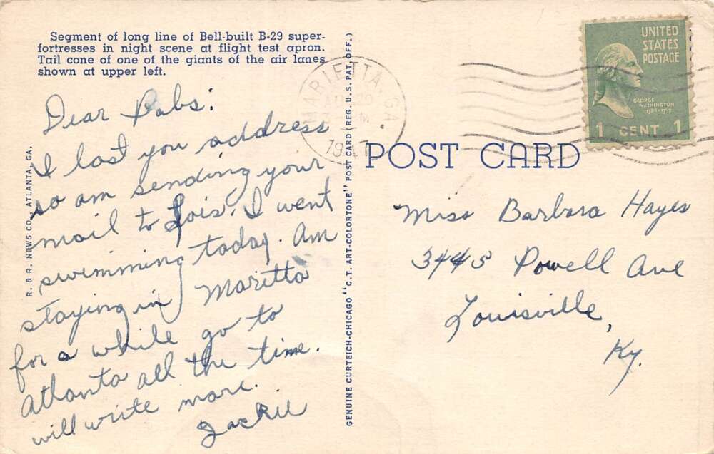 Marietta Georgia Night Scene At Bell Bomber Plant, Color Linen, Postcard U16015 - Image 2