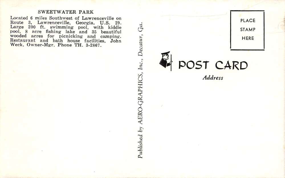 Lawrenceville Georgia Sweetwater Park, Aerial, B/W Chrome Vintage PC U16016 - Image 2