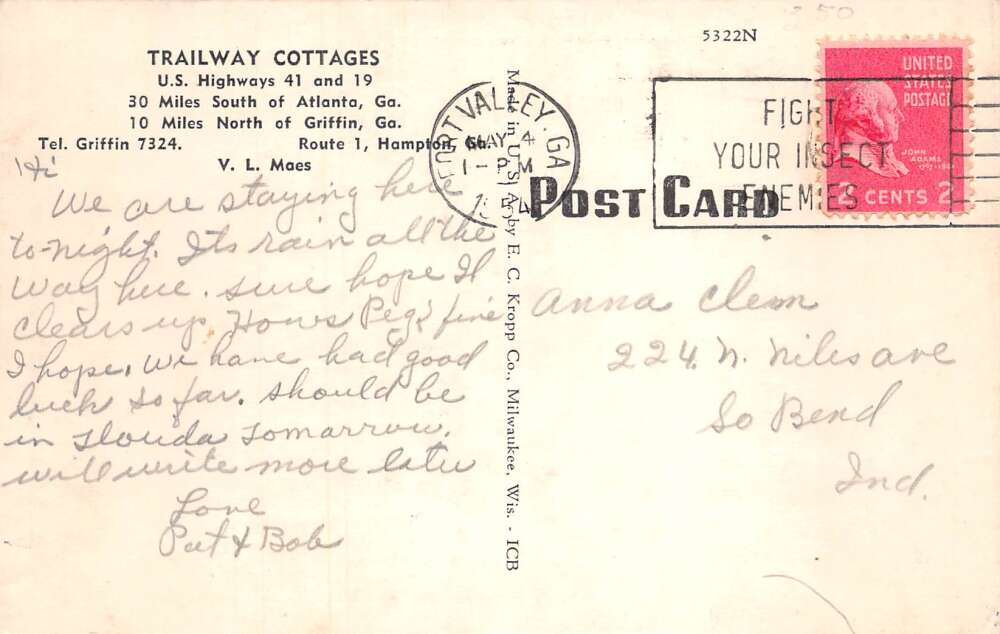 Hampton Georgia Trailway Cottages Coca Cola Coke Sign Vintage Postcard AA78285 - Image 2