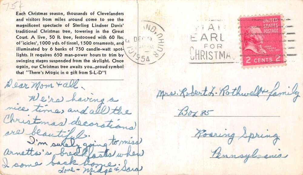 Cleveland Ohio Sterling Linder Davis Christmas Tree Vintage Postcard AA78287 - Image 2