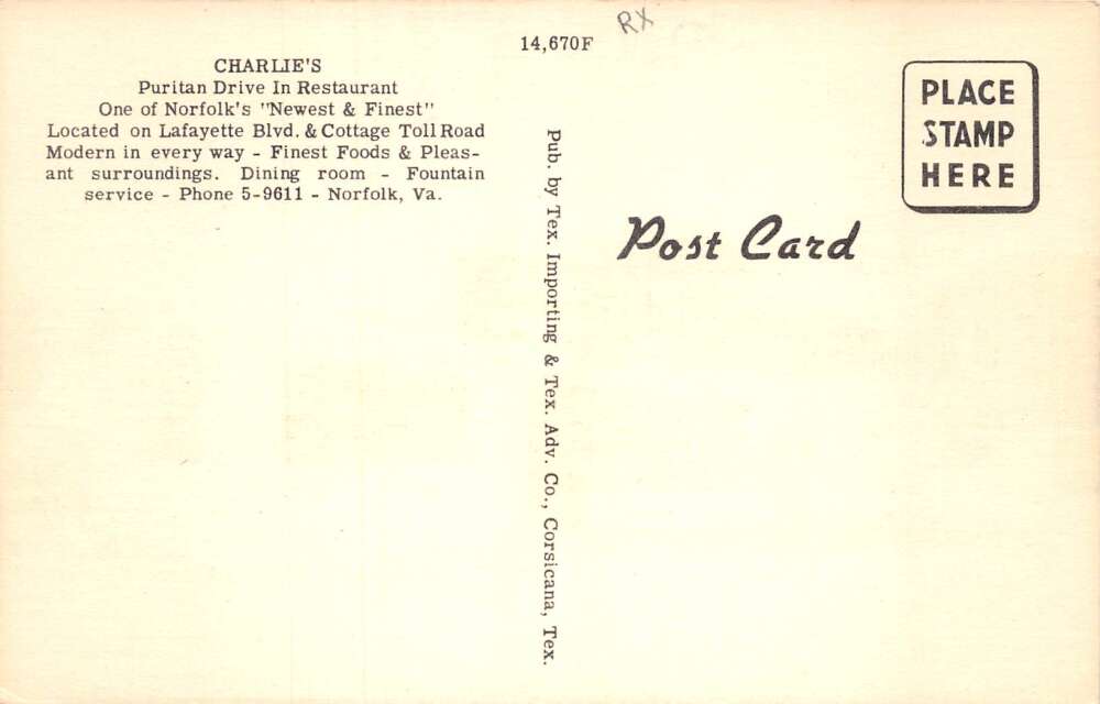 Norfolk Virginia Charlies Puritan Drive In Restaurant Vintage Postcard AA78397 - Image 2
