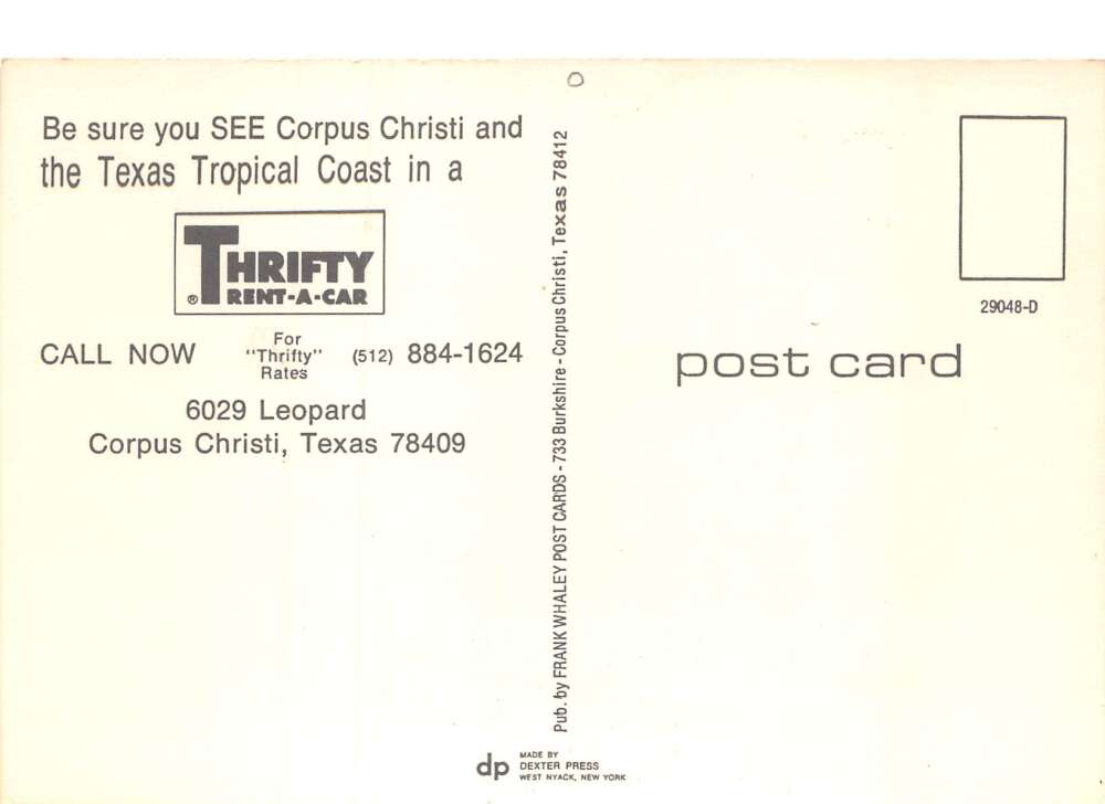 Corpus Christi Texas Thrifty Rent a Car Ad Aerial View and Map Postcard AA78409 - Image 2
