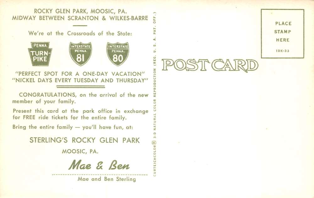 Moosic Pennsylvania Rocky Glen Park Roller Coaster Vintage Postcard AA78439 - Image 2