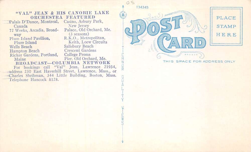 Boston Massachusetts Val Jean Canobie Lake Orchestra Vintage Postcard AA78440 - Image 2