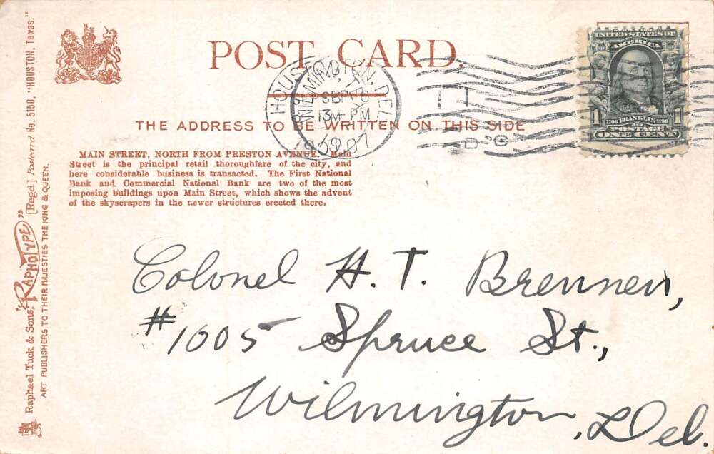 Houston Texas Main Street Tuck Vintage Postcard AA78472 - Image 2