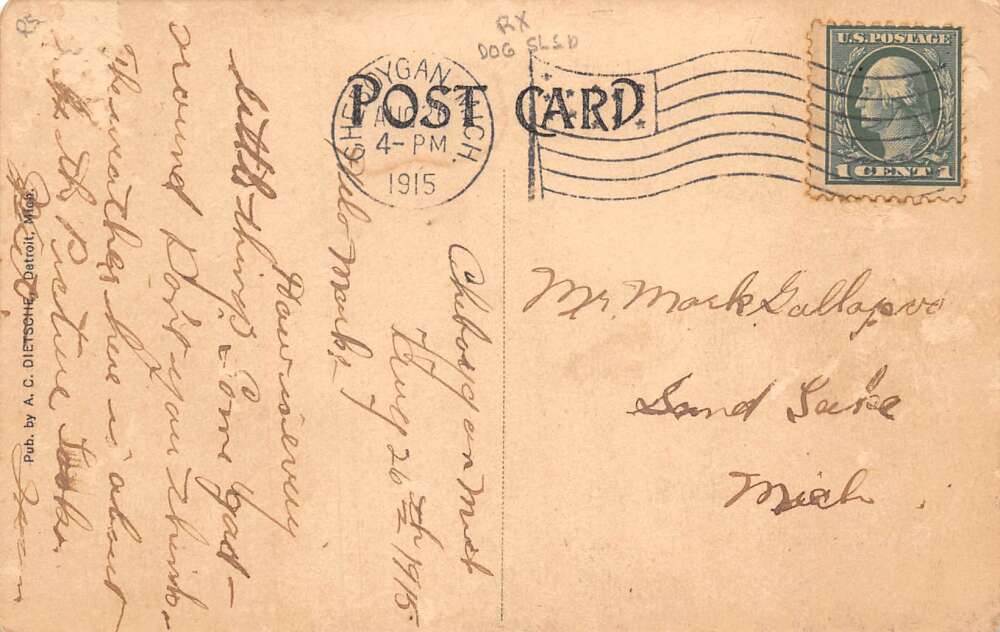 Cheboygan Michigan US Mail Leaving Post Office Dog Sled Team Postcard AA78482 - Image 2