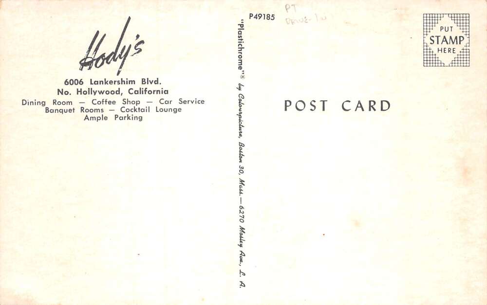 North Hollywood California Hody's Car Service Coffee Shop Postcard AA78508 - Image 2