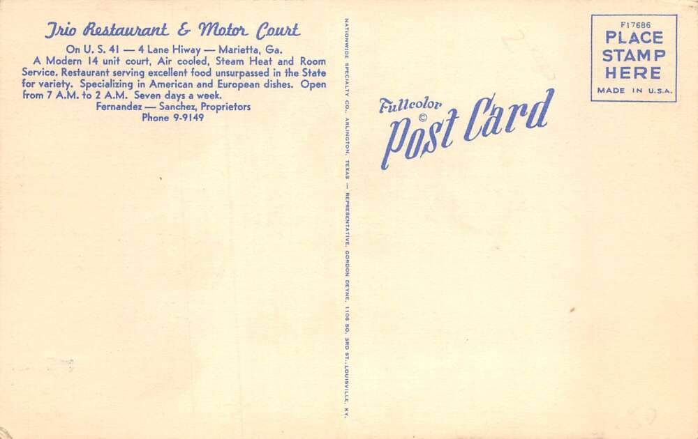Marietta Georgia Trio Restaurant and Motor Court Vintage Postcard AA78631 - Image 2