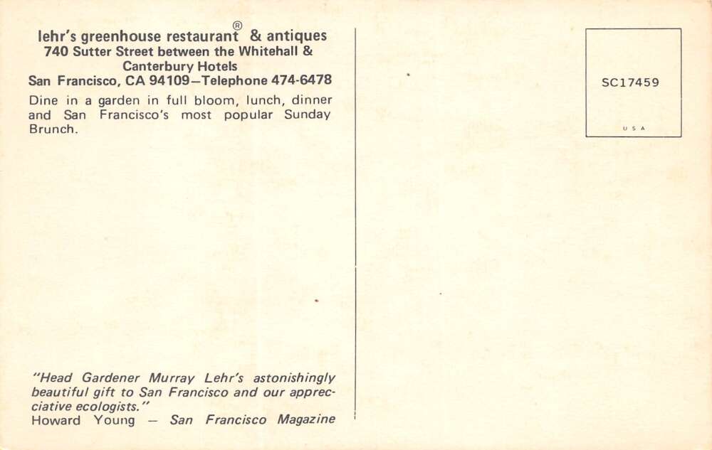 San Francisco California Lehr's Greenhouse Restaurant & Antiques, PC U16384 - Image 2