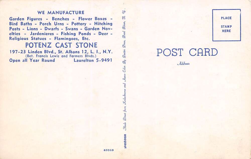 Long Island New York Potenz Cast Stone Garden Ornaments, Vintage PC U16405 - Image 2