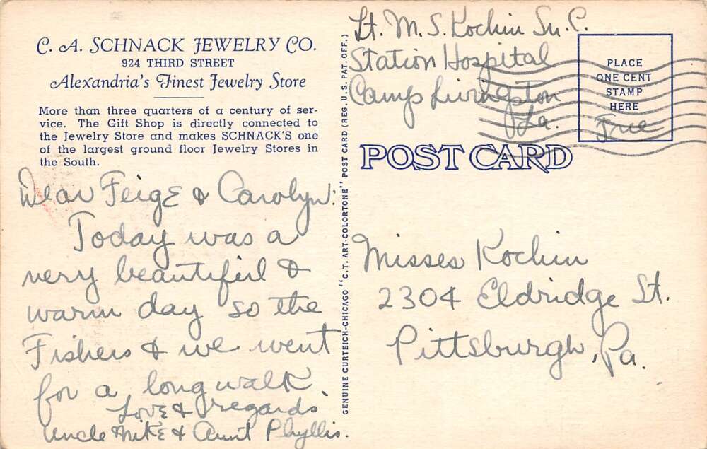 Alexandria Louisiana C.A.Schnack Jewelry Co. & Gift Shop, Linen PC U16407 - Image 2