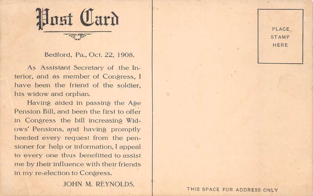 Bedford Pennsylvania John M Reynolds Congress Re-Election Ad Postcard AA78986 - Image 2