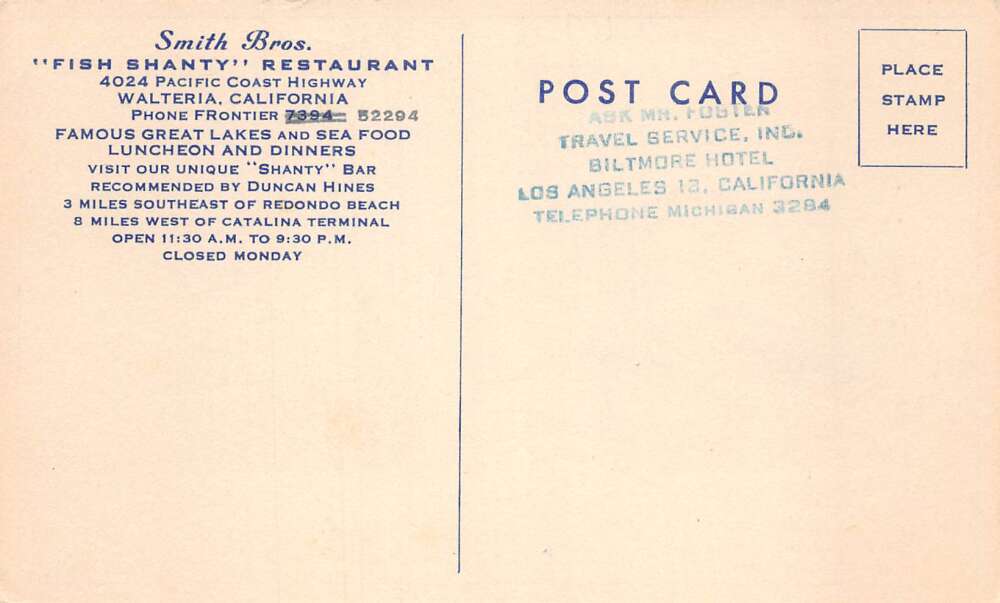 Walteria California Smith Bros Fish Shanty Restaurant Map Postcard AA79073 - Image 2