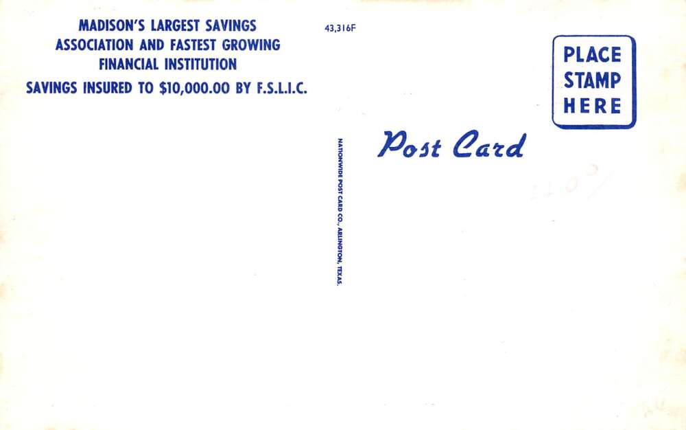 Madison First Federal Savings and Loan Bank Vintage Postcard AA79256 - Image 2