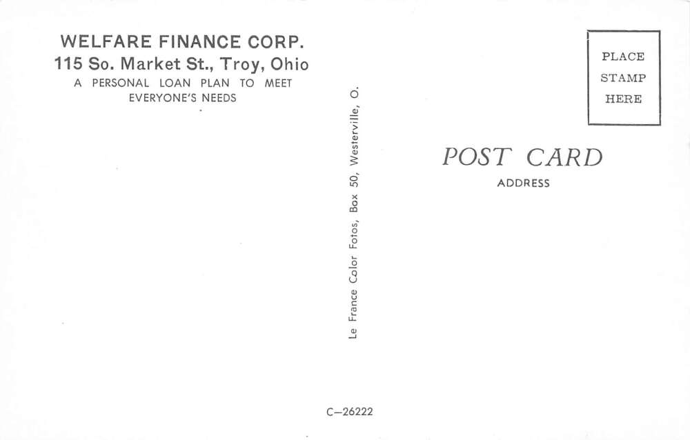Troy Ohio Welfare Finace Corp Loan Bank Vintage Postcard AA79258 - Image 2