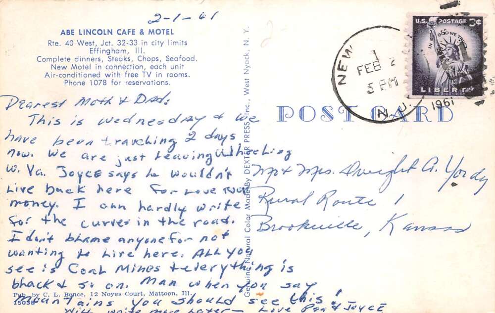 Effingham Illinois Abe Lincoln Cafe and Motel Vintage Postcard AA79265 - Image 2