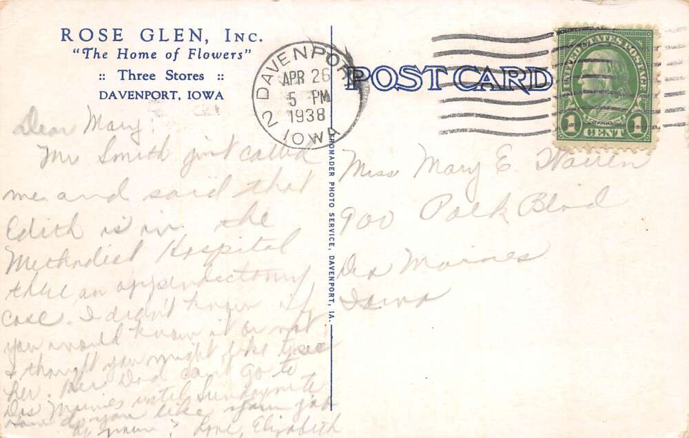 Davenport Iowa Rose Glen Flower Shop Interior Vintage Postcard AA79904 - Image 2