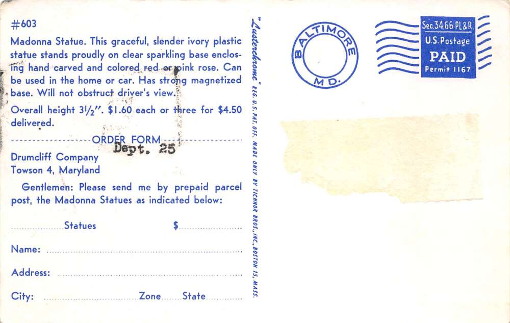 Towson Maryland Drumcliff Co Madonna Statue Religious Ad Postcard AA79969 - Image 2