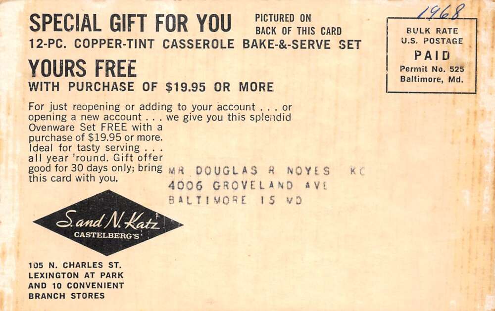 Baltimore Maryland Sand N Katz Castelbergs Casserole Set Ad Postcard AA79970 - Image 2