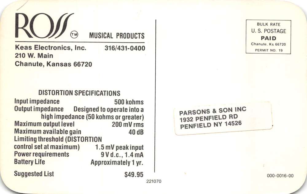 Chanute Kansas Keas Electronics Ross Distorition Plug Music Ad Postcard AA79972 - Image 2