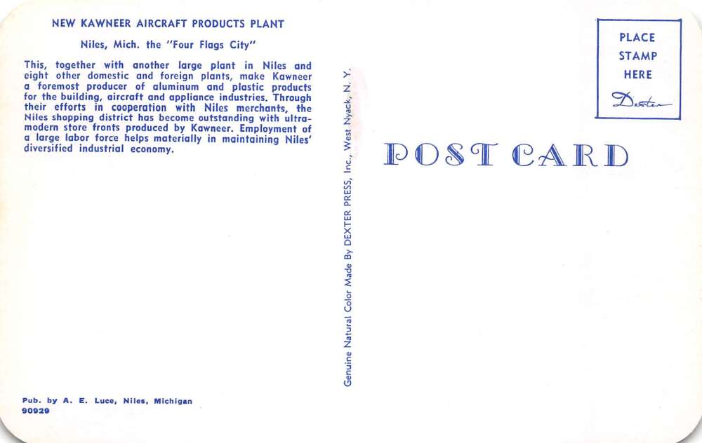 Niles Michigan New Kawner Aircraft Products Plant Vintage Postcard AA79981 - Image 2