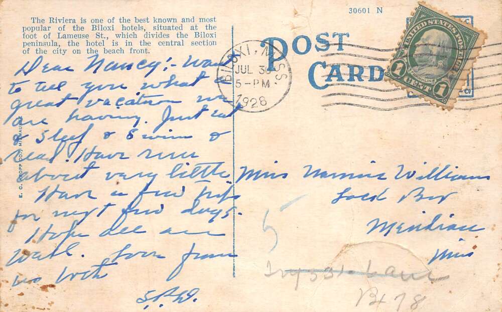 Biloxi Mississippi Riviera Hotel Vintage Postcard AA79994 - Image 2