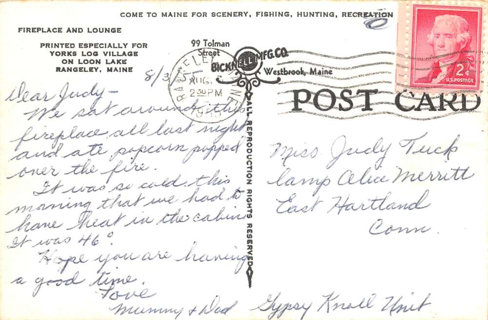 Rangeley Maine Yorks Log Village Fireplace and Lounge Real Photo PC AA80005 - Image 2