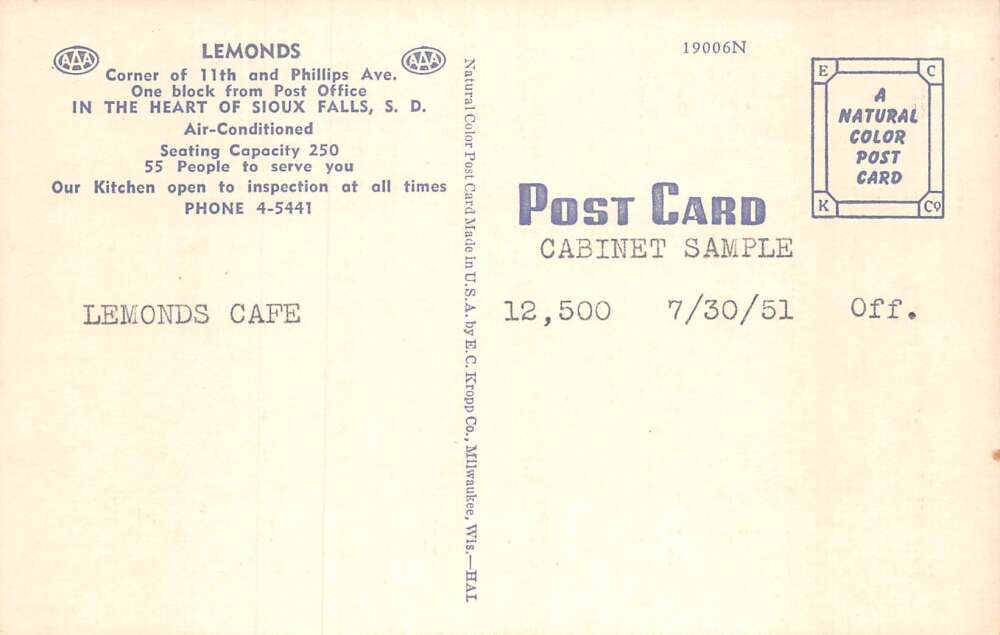 Sioux Falls South Dakota Lemonds Cafe Interior Vintage Postcard AA80038 - Image 2