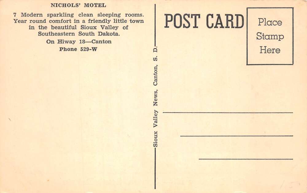Canton South Dakota Nichols Motel Vintage Postcard AA80106 - Image 2
