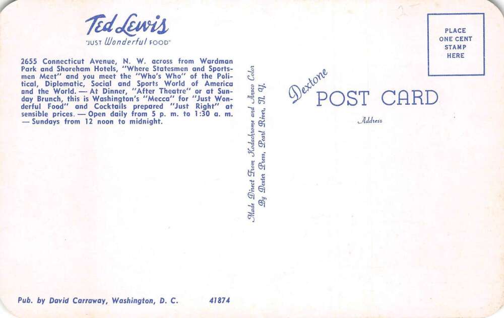 Washington DC Ted Lewis Restaurant Dining Room Vintage Postcard AA80121 - Image 2