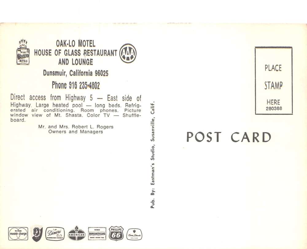 Dunsmuir California Oak-Lo Motel, House Of Glass Restaurant, Vintage PC U16553 - Image 2