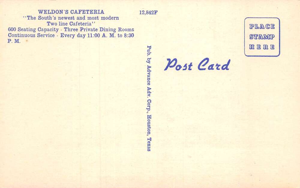 Houston Texas Weldon Cafeteria Vintage Postcard AA80343 - Image 2
