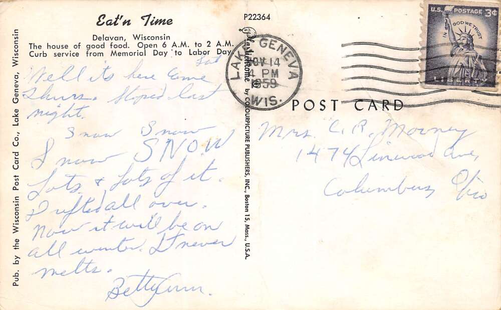 Delavan Wisconsin Eat'N Time Restaurant, Chrome, Vintage Postcard U16881 - Image 2