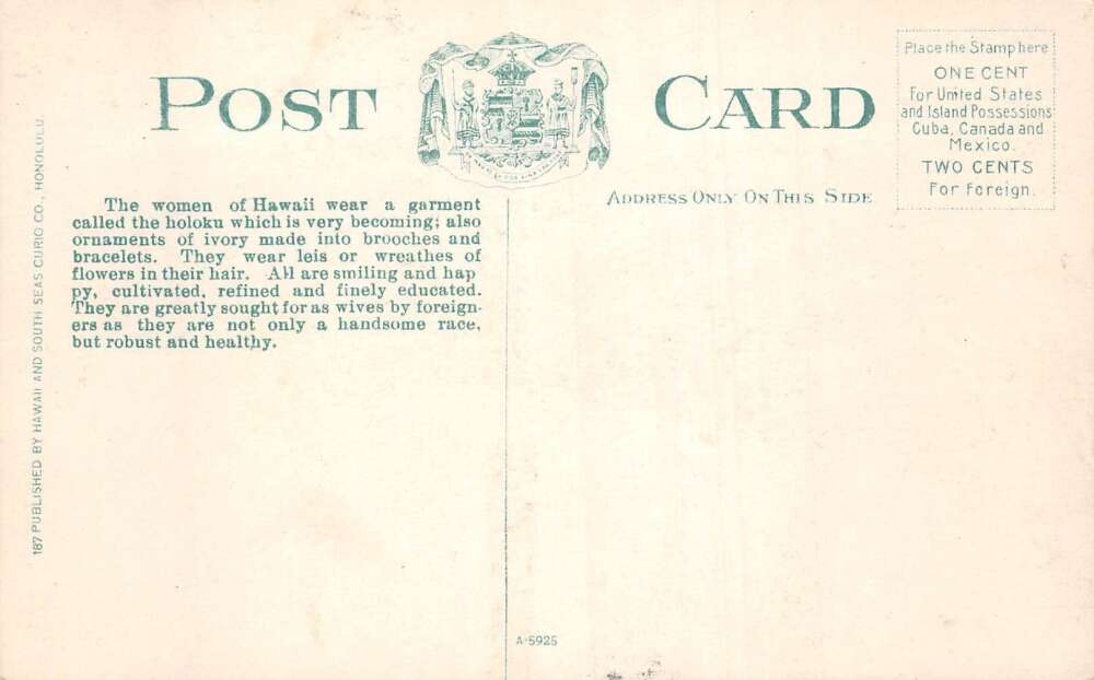 Hawaii Hawaiian Lady Holoku Dress Vintage Postcard AA108133 - Image 2