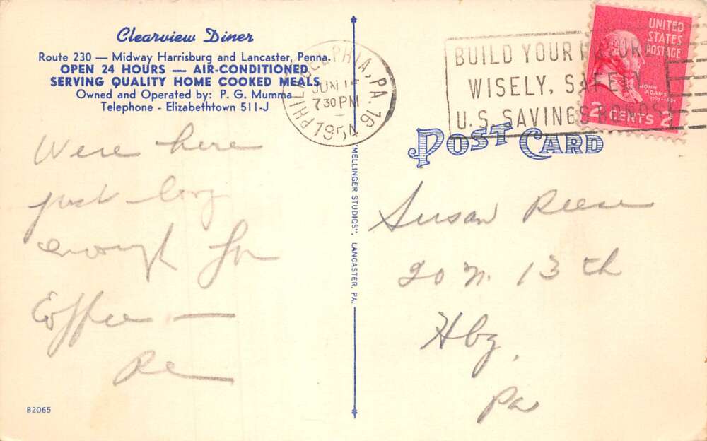 Elizabethtown Pennsylvania Clearview Diner Linen Vintage Postcard AA72455 - Image 2