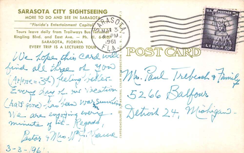 Sarasota Florida Sarasota City Sightseeing Van Vintage Postcard AA72603 - Image 2