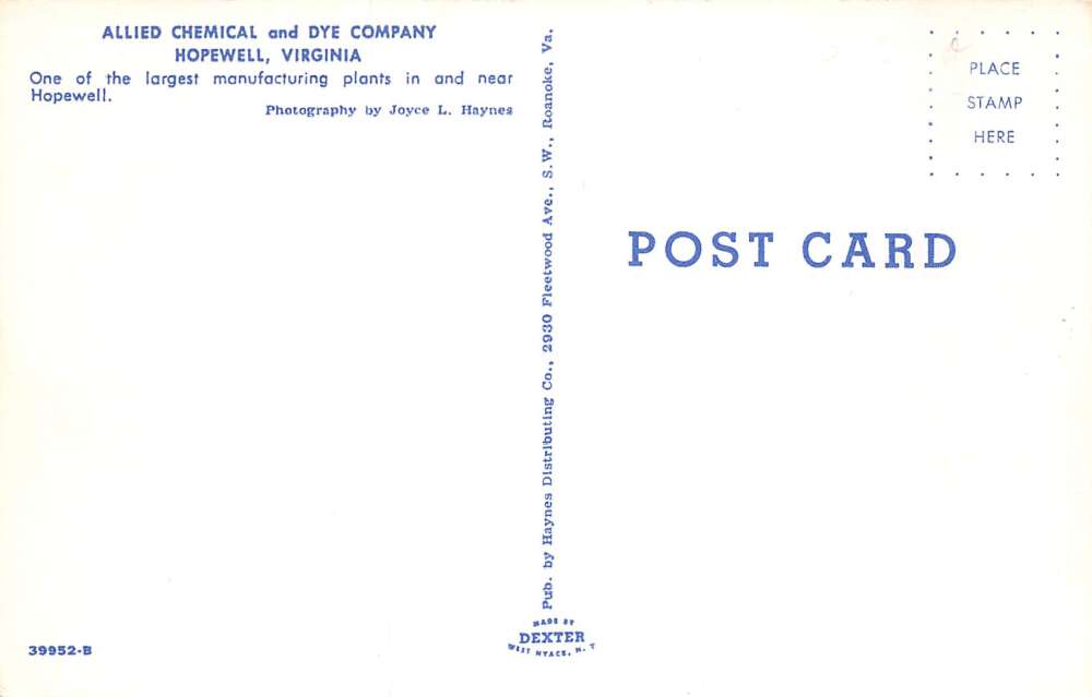 Hopewell Virginia Allied Chemical and Dye Co Factory Vintage Postcard AA72620 - Image 2