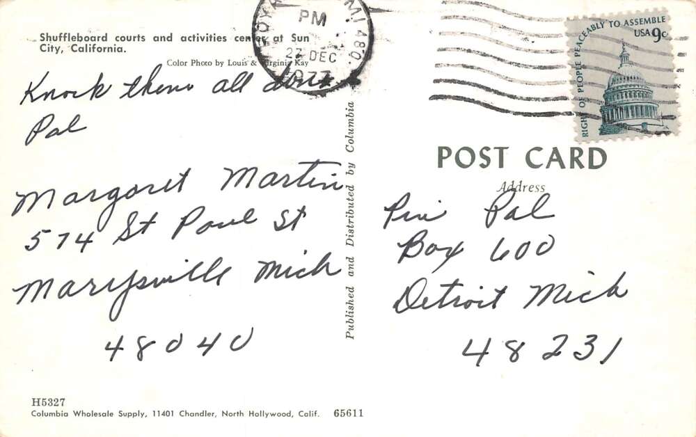 Sun City California Shuffleboard Courts Vintage Postcard AA72621 - Image 2